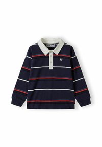 Granatowy longsleeve polo z białymi i czerwonymi paskami, jasnym kołnierzykiem, zapięciem na trzy guziki oraz małym emblematem na piersi.