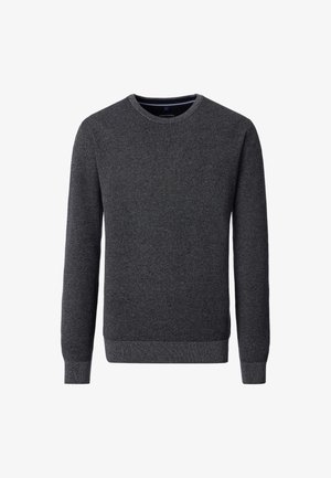 Maglione lavorato a maglia grigio scuro con collo rotondo, maniche lunghe, polsini e orlo a costine. Presenta un motivo testurizzato su tutta la superficie.