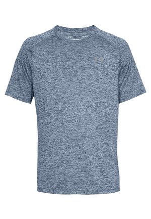 Men's short-sleeve athletic T-shirt in blue heather fabric with a crew neck and small grey Under Armour logo on the chest.
