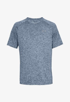 Heren sport-T-shirt met korte mouwen in blauw gemêleerde stof, voorzien van een ronde hals en klein grijs Under Armour-logo op de borst.