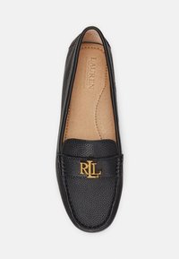 Black leather loafer with a textured finish, featuring a gold "RL" logo accent on the front and a softly padded insole.