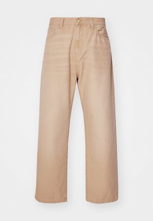 Beige vide benbukser med høy midje, fem lommer og metallknapp. Laget av denim med en glatt tekstur.