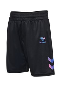 Svarta sportshorts i slätt tyg. Har ett elastiskt midjeband och en färgglad Hummel-logotyp med gradientfärgade spetsar på sidan.