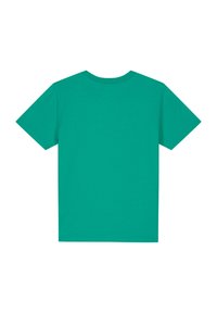 Groene katoenen T-shirt met korte mouwen, ronde hals en een effen achterkant. Egaal van structuur, geen zichtbare patronen of accenten.