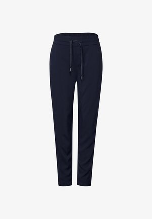 Pantalons de jogging bleu marine en tissu doux, dotés d'une taille élastique, d'un cordon de serrage ajustable et d'une coupe fuselée.