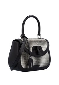 Schwarz-weiße Handtasche mit einem strukturierten Design, glatten Lederelementen, zwei Griffen und einem verstellbaren Schultergurt.