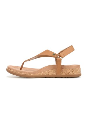Tan cork wedge sandals with a thong strap and adjustable ankle strap. Sturdy base with textured footbed for comfort and support.