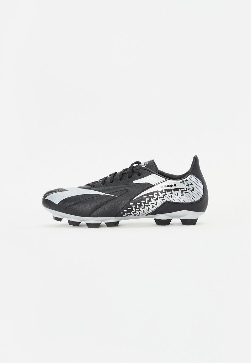 Black and gray soccer cleat with a textured upper, geometric printed design, laces, and a sturdy sole with multiple studs for traction.