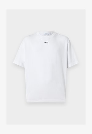 T-shirt blanc à manches courtes et col rond avec un petit texte noir "OFF" centré juste en dessous de l'encolure.