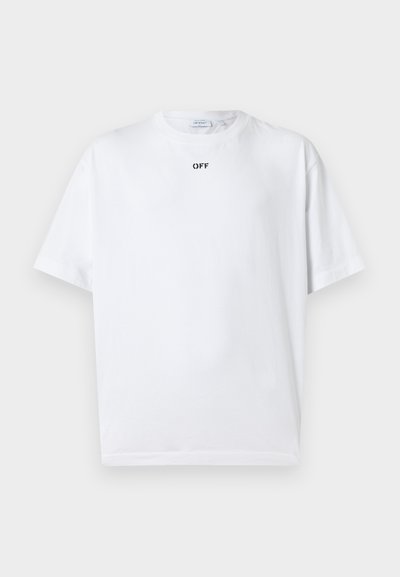 Λευκό κοντομάνικο T-shirt με στρογγυλή λαιμόκοψη και μικρό μαύρο κείμενο "OFF" κεντραρισμένο κάτω από τη λαιμόκοψη.