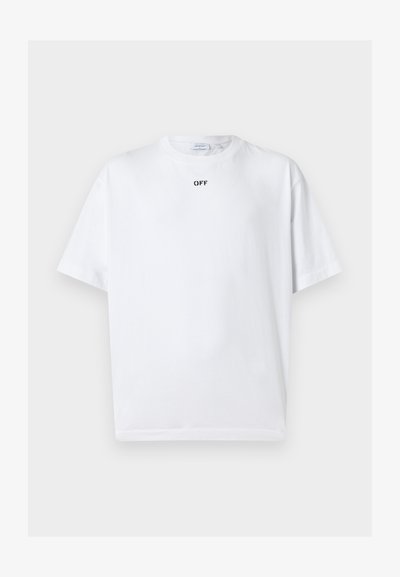 Λευκό κοντομάνικο T-shirt με στρογγυλή λαιμόκοψη και μικρό μαύρο κείμενο "OFF" κεντραρισμένο κάτω από τη λαιμόκοψη.
