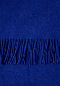 Couverture bleu royal avec une texture douce en feutre. Finition avec des bords frangés sur un côté. Mesures non spécifiées.