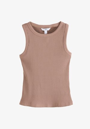 Geribde tanktop in een zachte bruine kleur. Heeft een ronde halslijn en een mouwloos ontwerp. Soepele textuur met een aangesloten silhouet.