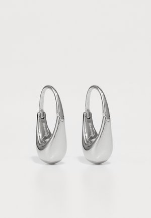 Silver metal hoop earrings with a smooth, teardrop shape and polished finish. Features a secure hinge closure for easy wear.