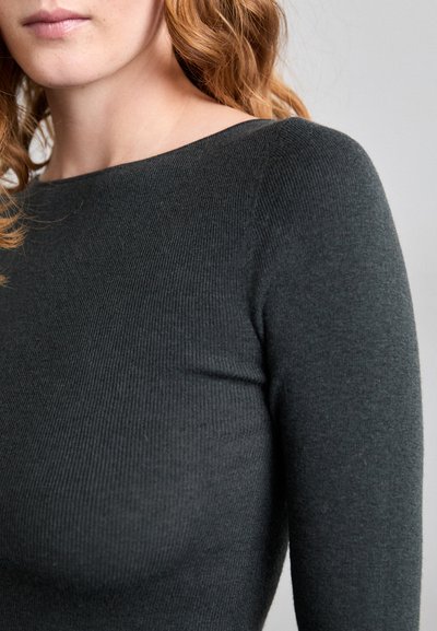 Dark grey ribbed knit top with a rounded neckline and long sleeves, featuring a soft texture and a fitted design.