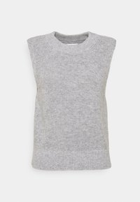 Maglione senza maniche grigio lavorato a maglia con una texture a coste, scollatura rotonda e orlo dritto. Presenta ampie aperture per le spalle e un tessuto morbido.
