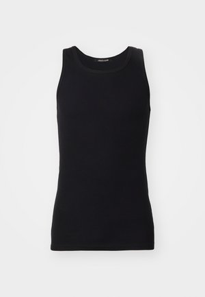Svart tanktopp laget av et glatt, elastisk materiale. Har rund halslinning og er uten ermer, med slim fit og enkel design.