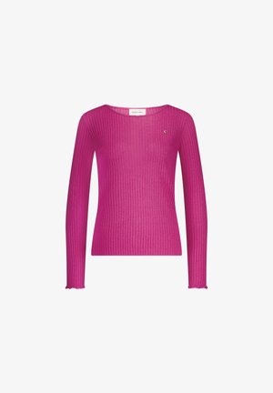 Fitted trui met lange mouwen in levendig roze ribbreiwerk. Heeft een ronde halslijn en subtiele geschulpte manchetten. Kleine logo-accent op de borst.