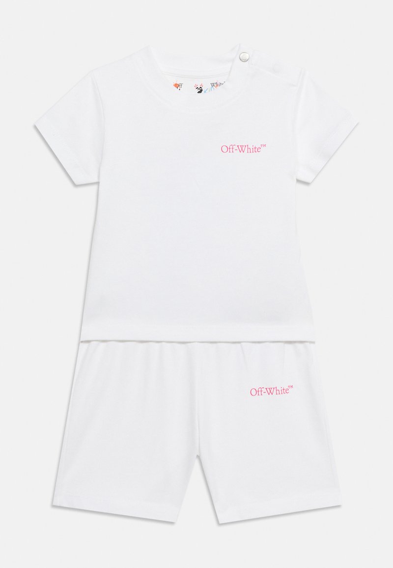 Λευκό σετ με κοντό μανίκι και σορτς με ροζ λογότυπο "Off-White" στο στήθος και στο μηρό, το πουκάμισο έχει κουμπί snap στον ώμο.