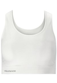 Hvid sports-bh lavet af glat, strækbart materiale; har en scoop-udsparing og et tekstureret bånd med "ENDURANCE" trykt i grå.