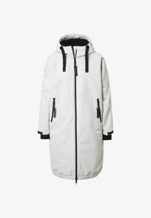 Bílá zateplená parka s kapucí, černým zipem a detaily, bočními kapsami, volným střihem a černými manžetami na rukávech. Měkká podšívka.