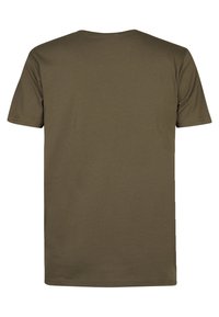 T-shirt verde oliva a maniche corte realizzato in morbido cotone. Presenta una vestibilità standard con scollatura tonda e orlo dritto. Senza grafiche né motivi.