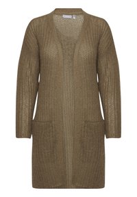 Garšs, atvērta priekšpuse kardigans olīvu zaļā krāsā. Adīta tekstūra ar divām priekšējām kabatām. Mīksts, viegls materiāls ar brīvu piegriezumu.