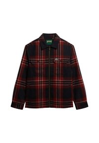 Chaqueta de cuadros rojo y marino con cremallera frontal, dos bolsillos en el pecho y un cuello clásico. Confeccionada en una tela texturada con costuras visibles.