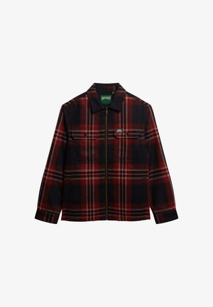 Red and navy plaid jacket with a zip front, two chest pockets, and a classic collar. Made from a textured fabric with visible stitching.