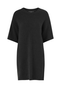 Zwarte gebreide sweaterjurk met korte mouwen, geribbelde halslijn en een relaxte pasvorm. Zachte textuur met een rechte zoom.