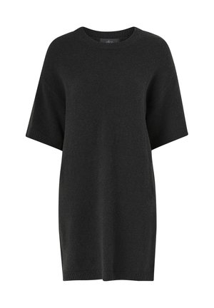 Zwarte gebreide sweaterjurk met korte mouwen, geribbelde halslijn en een relaxte pasvorm. Zachte textuur met een rechte zoom.