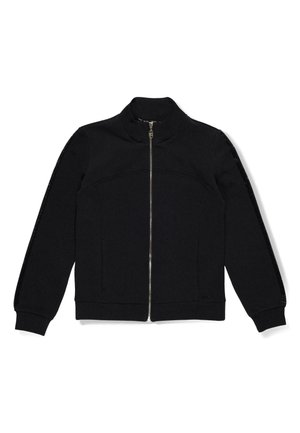 Giacca nera con zip realizzata in tessuto morbido, con colletto alto, polsini a coste e dettagli discreti sui lati delle maniche.