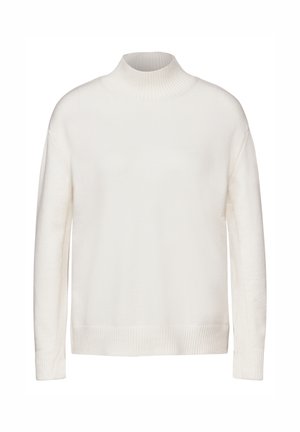 Suéter blanco de cuello alto hecho de una suave tela de punto. Presenta mangas largas y detalles de canalé en el cuello, los puños y el dobladillo.
