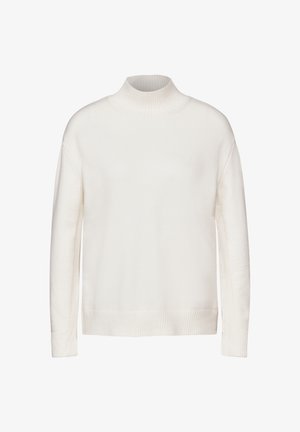 Bílý rolák vyrobený z měkké pleteniny. Má dlouhé rukávy a ribbovanou úpravu u límce, manžet a spodního lemu.