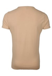 Lichtbeige crewneck T-shirt, korte mouwen, fitted ontwerp, katoenblend stof met een gladde textuur, minimale stikdetails.