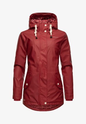 Red waterproof jacket with a hood, featuring drawstrings, snap buttons, side pockets, and patterned lining. Smooth texture, waist-length design.