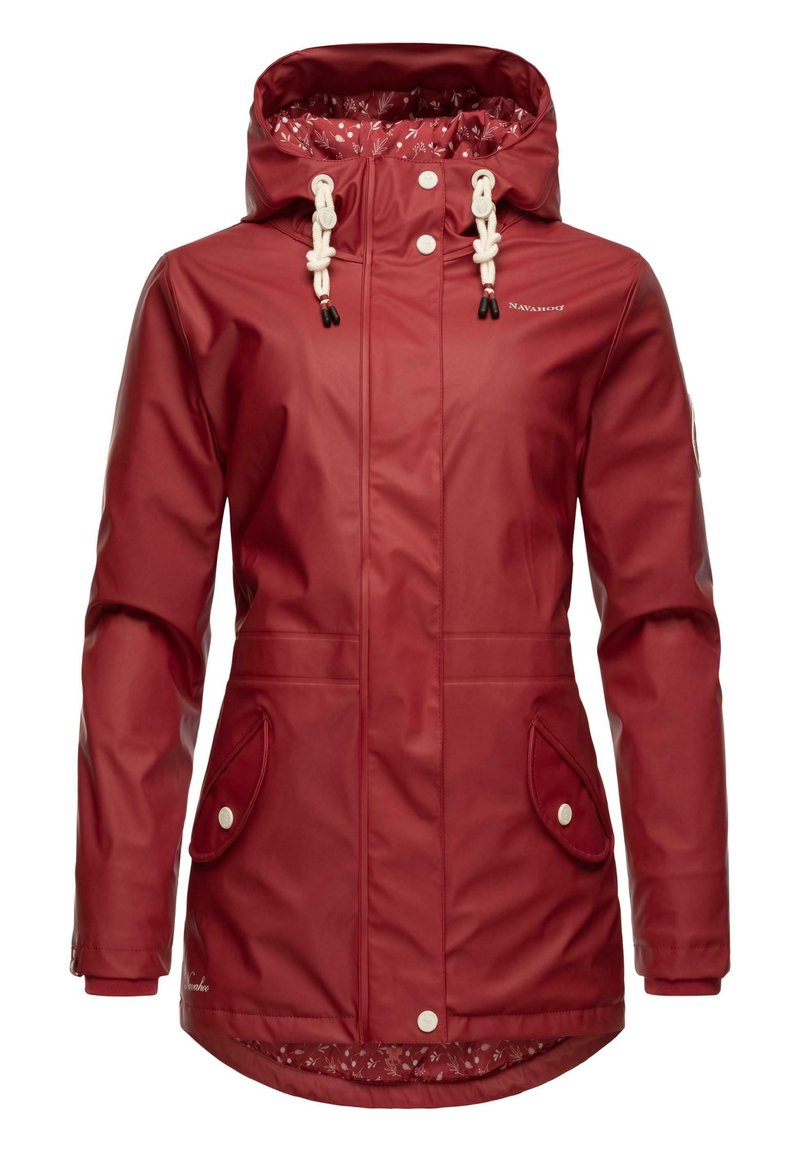 Red waterproof jacket with a hood, featuring drawstrings, snap buttons, side pockets, and patterned lining. Smooth texture, waist-length design.