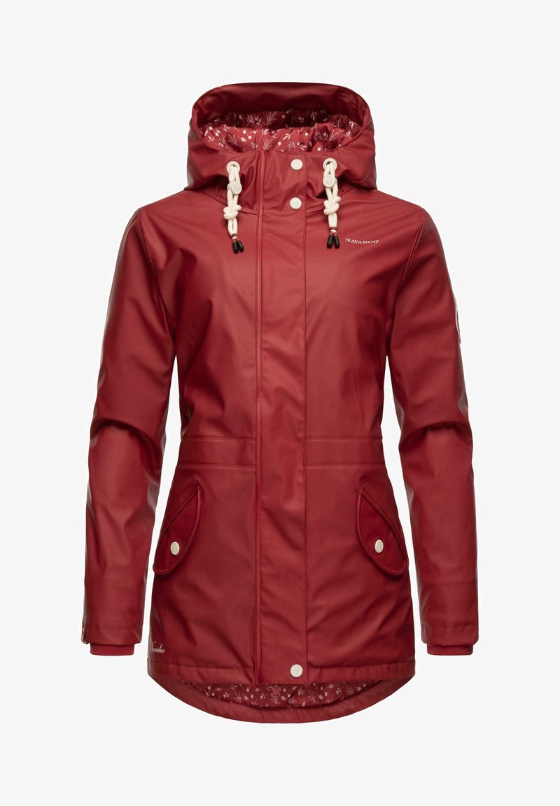 Red waterproof jacket with a hood, featuring drawstrings, snap buttons, side pockets, and patterned lining. Smooth texture, waist-length design.
