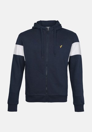Navy sweatshirt with hood, front zipper, white shoulder stripes, and a gold logo. Features a textured fabric and ribbed cuffs.