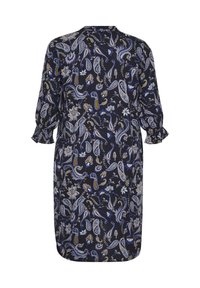 Robe bleu foncé à manches longues, ornée d’un motif cachemire et floral en blanc, bleu clair et tons marron, avec des poignets de manches volantés.