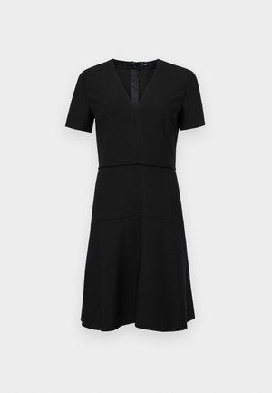 Black short-sleeve dress with a V-neckline, fitted bodice, and flared skirt, made from a smooth fabric with a sleek design. No patterns or accents.