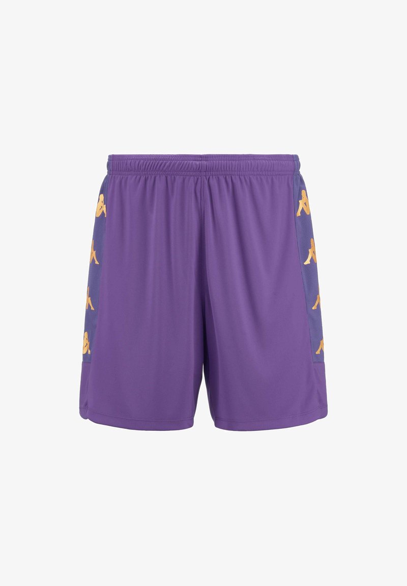 Paarse sportshorts met een elastische tailleband, voorzien van gele logo-accenten aan de zijkanten en een ademend meshpaneel.