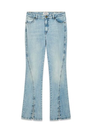 Jeans a zampa di colore azzurro chiaro realizzati in denim, con due spacchi laterali sull'orlo, cinque tasche e una classica chiusura con bottone.