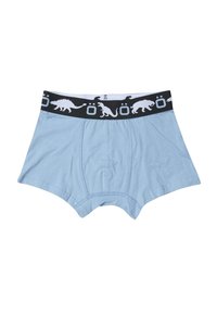 Boxer shorts de color azul claro con cinturilla elástica negra que presentan siluetas blancas de dinosaurios y osos. Tela suave, forma rectangular.