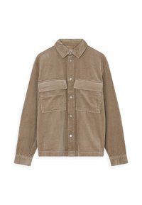 Brown corduroy shirt jacket featuring a collar, two chest pockets, and silver snap buttons, with a soft, textured finish.