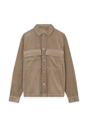 Brown corduroy shirt jacket featuring a collar, two chest pockets, and silver snap buttons, with a soft, textured finish.
