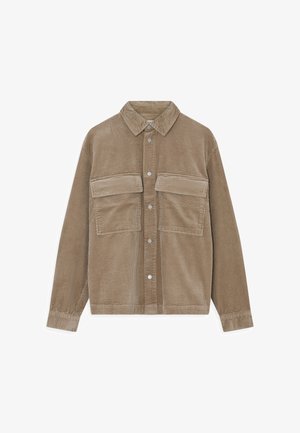 Giacca in corduroy marrone con colletto, due tasche sul petto e bottoni a pressione argentati, con una finitura morbida e testurizzata.