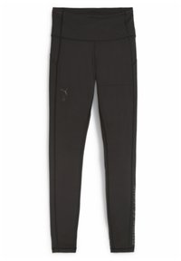 Fekete sport leggings rugalmas anyagból, magas derékkal, oldalsó zsebekkel, és diszkrét logóval a bal lábon.