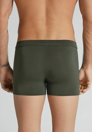 Male torso and legs from the back wearing dark green fitted boxer briefs against a plain light background.
