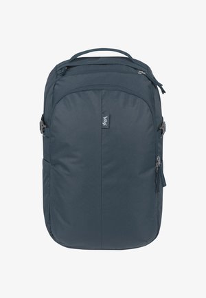 Dark grey backpack made of textured fabric. Features zippers, adjustable side straps, and a top handle for easy carrying.